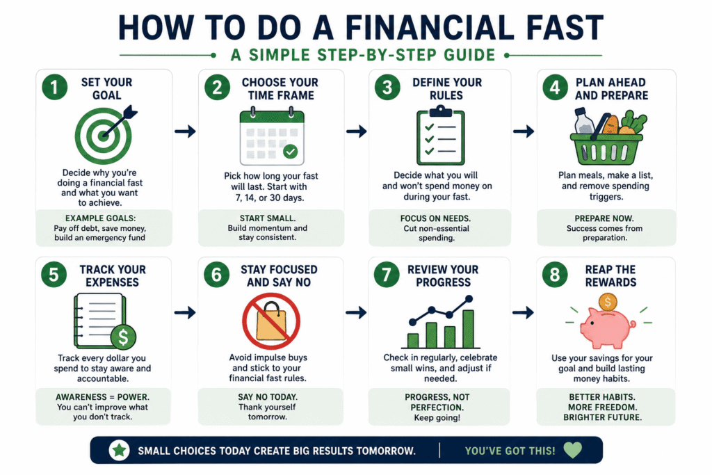 Step-by-step financial fast infographic showing eight stages including setting goals, choosing a time frame, creating spending rules, tracking expenses, avoiding impulse purchases, reviewing progress, and building better money habits.