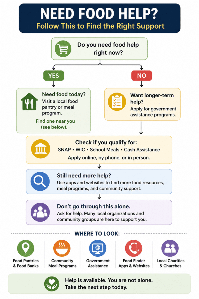 Flowchart infographic showing how to find food assistance, including food pantries, community meal programs, SNAP benefits, government aid, food finder apps, and local charities for people who need help with groceries.