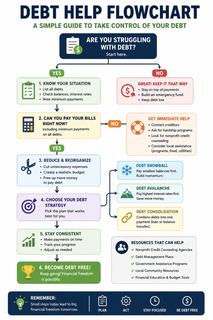 Debt help flowchart showing step-by-step actions for managing debt, including reviewing debts, prioritizing essential expenses, contacting creditors, creating a payment plan, avoiding high-interest loans, and building long-term financial stability.