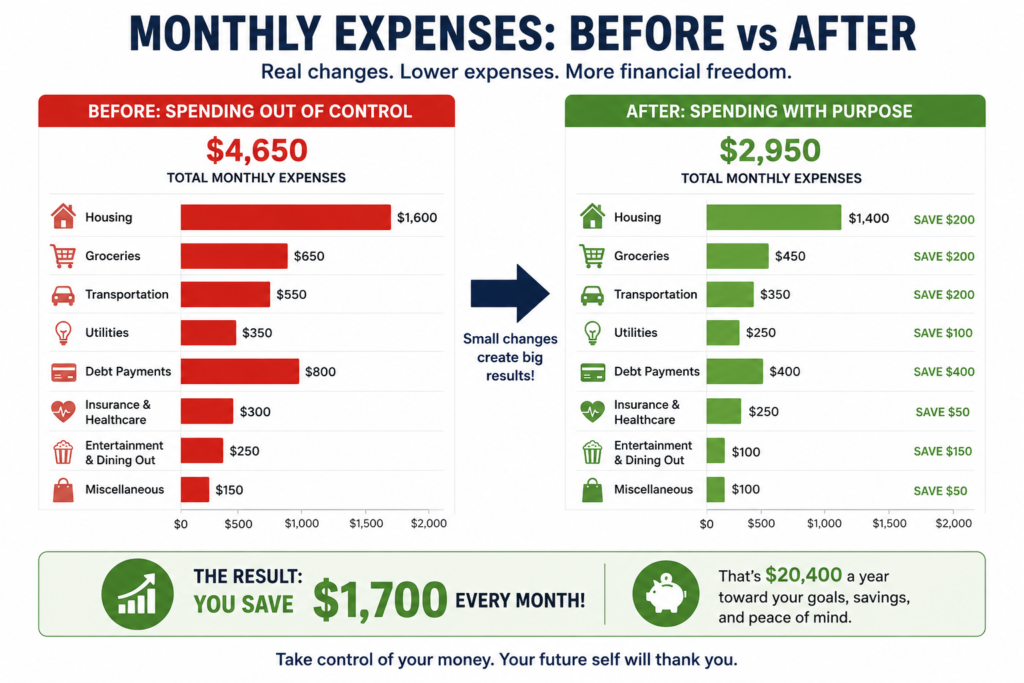 Before and after monthly expenses bar graph comparing spending categories such as housing, groceries, transportation, utilities, debt payments, and entertainment. Visual shows how reducing expenses can free up money for savings and financial goals.