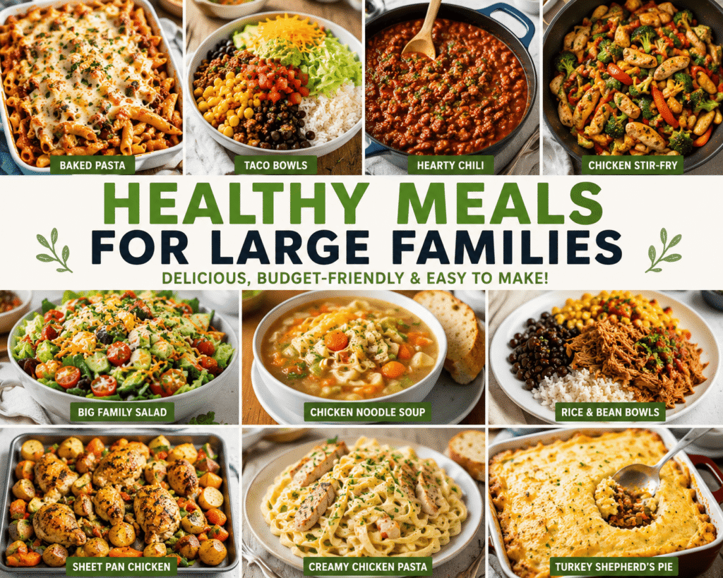 Photo collage of healthy meals for large families featuring casseroles, soups, pasta dishes, taco bowls, roasted chicken, salads, and budget-friendly dinner recipes.