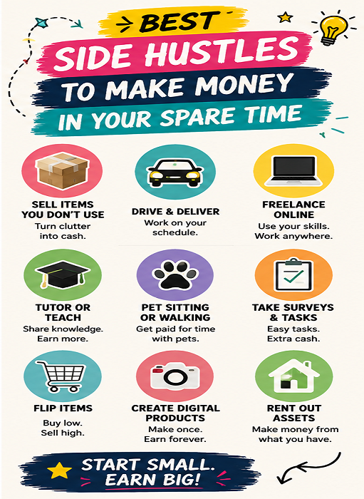 graphic featuring popular side hustles such as freelancing, tutoring, pet sitting, delivery driving, surveys, digital products, flipping items, and renting out assets.