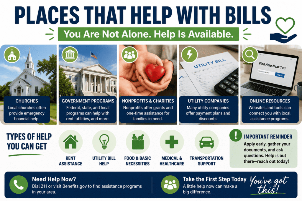 Photo collage infographic showing places that help with bills, including churches, government assistance programs, nonprofits, utility companies, and online resources, along with icons for rent assistance, utility bill help, food support, healthcare, and transportation aid.