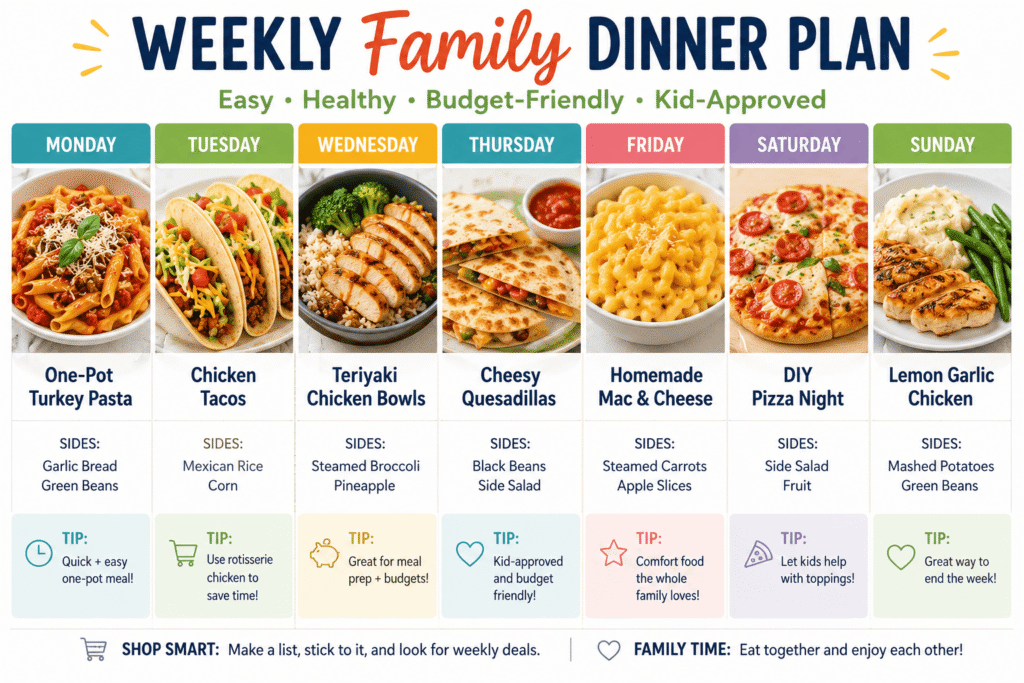 Weekly family dinner plan infographic showing cheap healthy kid-approved dinners for each day of the week including tacos, pasta, quesadillas, chicken bowls, pizza night, and mac and cheese.