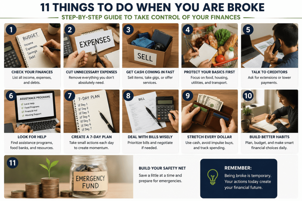 Step-by-step photo grid showing practical actions to take when you are broke, including reviewing expenses, cutting unnecessary costs, selling unused items, finding extra income, creating a budget, and building savings. Visual guide for financial recovery.