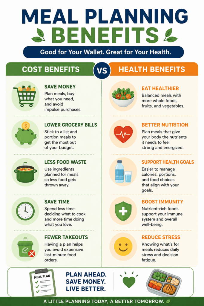 meal planning benefits infographic showing how healthy budget meal planning saves money improves nutrition reduces food waste and lowers grocery costs