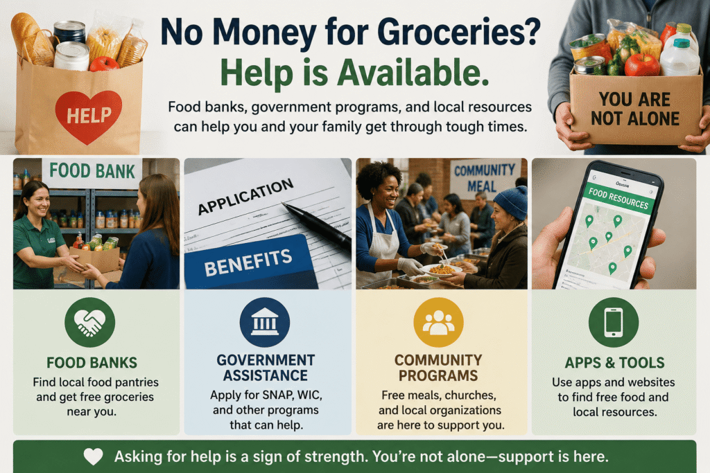 Infographic showing food assistance options for families with no money for groceries, including food banks, government assistance programs like SNAP and WIC, community meal programs, and food finder apps.