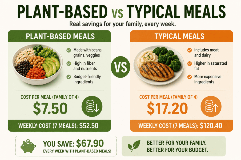 Simple graphic comparing weekly food costs between plant-based meals and typical meat-based family meals, showing lower grocery spending with beans, rice, vegetables, and lentils.