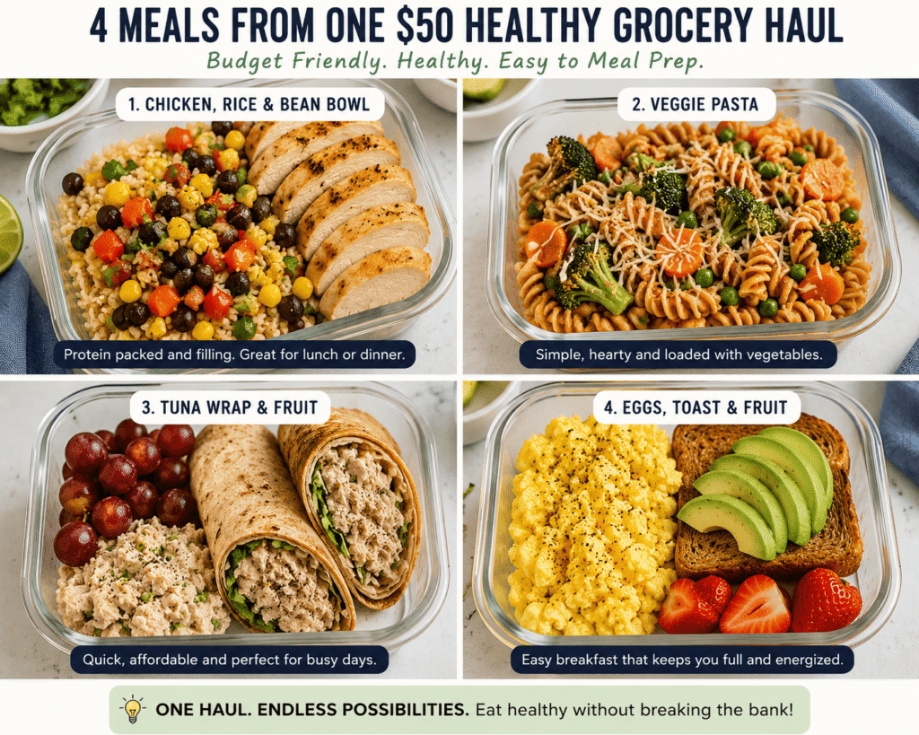 Meal prep photo grid showing four healthy budget meals made from one $50 grocery haul, including rice bowls, veggie pasta, oatmeal breakfast bowls, and tuna wraps in organized containers.