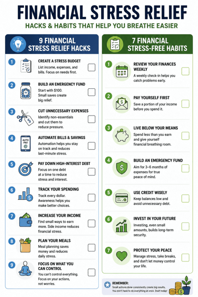 Financial stress relief checklist infographic showing practical money-saving hacks and healthy financial habits, including budgeting, emergency savings, debt payoff, spending tracking, meal planning, weekly money reviews, and reducing financial anxiety.