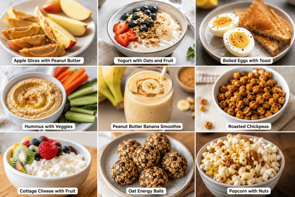 Photo collage of trending healthy after school snacks including yogurt parfaits, apple slices with peanut butter, roasted chickpeas, smoothies, oat energy balls, popcorn with nuts, and hummus with vegetables.