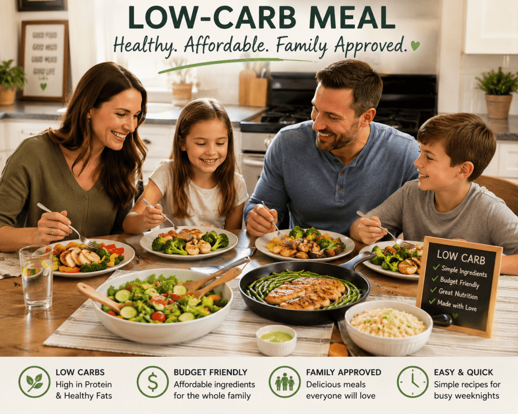 Happy family sitting at the dinner table with cheap low-carb family meals including chicken, vegetables, and healthy homemade dishes