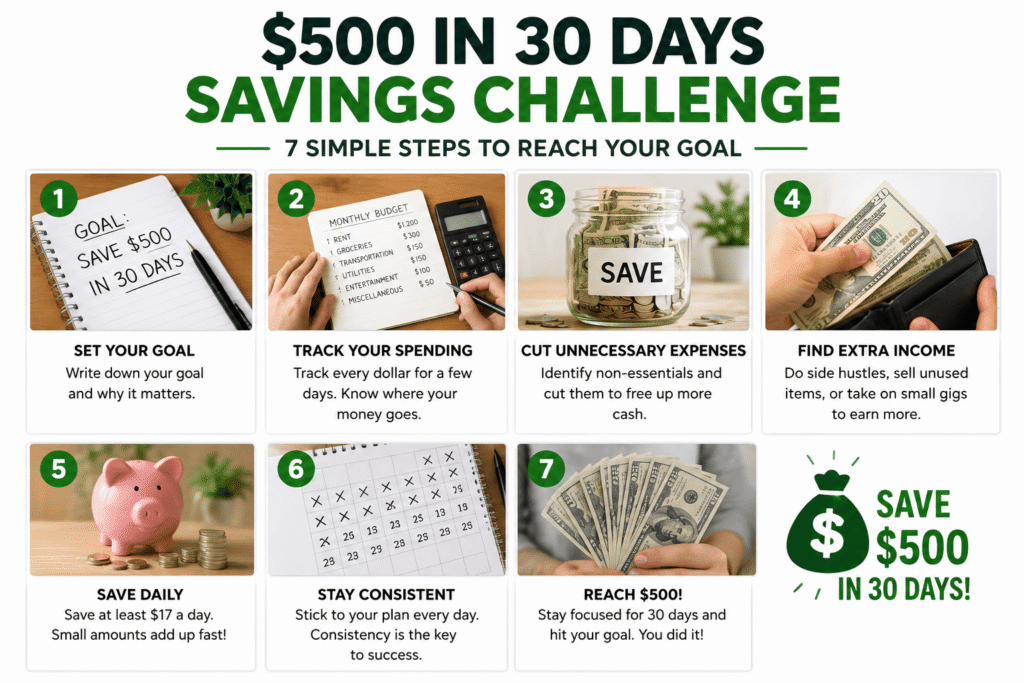 Step-by-step photo grid showing how to complete the $500 in 30 Days Savings Challenge, including setting a savings goal, tracking expenses, cutting costs, earning extra income, saving daily, staying consistent, and reaching $500.
