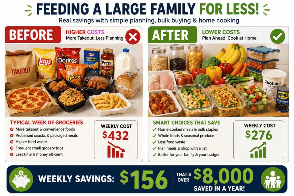 Before and after grocery cost comparison graphic showing how meal planning, bulk cooking, and healthy home meals help large families save money fast.