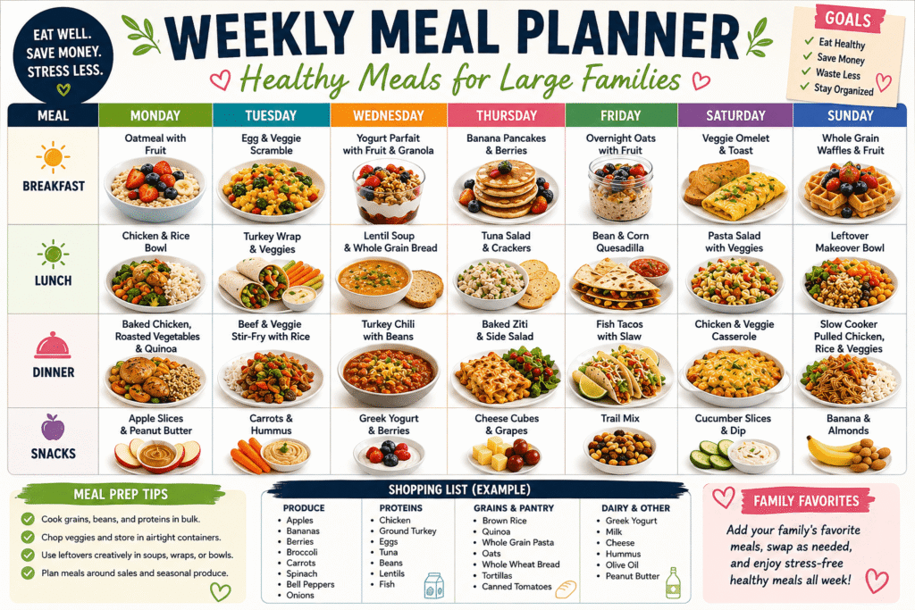 Colorful weekly meal planner graphic for large families with healthy meal ideas, grocery planning sections, and easy budget-friendly family dinners.