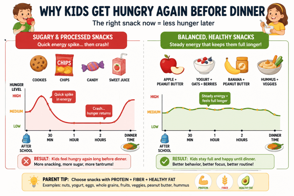 Infographic showing how balanced after school snacks with protein, fiber, and healthy fats keep kids full longer compared to sugary snacks that cause hunger before dinner.