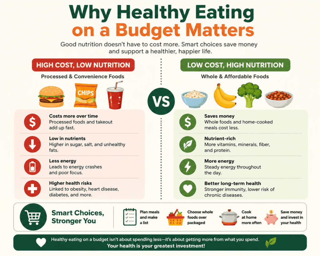 Simple infographic comparing high-cost processed foods vs low-cost healthy foods, showing how a $50 healthy grocery haul can improve nutrition, save money, and support better family health.