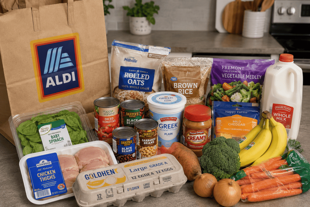 Affordable Aldi grocery haul with healthy budget foods including oats, eggs, chicken thighs, frozen vegetables, rice, yogurt, beans, bananas, and fresh produce for cheap family meals.
