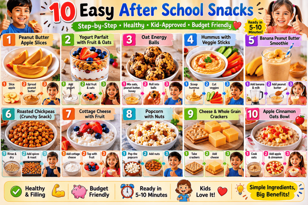 Step-by-step photo grid of easy healthy after school snacks for kids including apple slices with peanut butter, yogurt parfaits, smoothies, hummus with vegetables, popcorn with nuts, and oat energy balls.