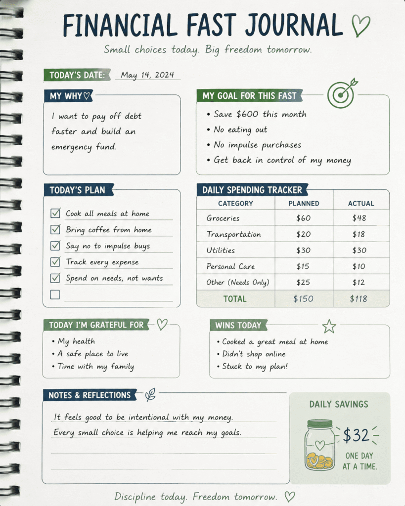Sample financial fast journal page featuring daily spending tracker, savings goals, budget checklist, reflections section, gratitude notes, and money-saving progress tracker.