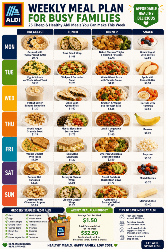 Weekly Aldi meal plan infographic showing cheap and healthy breakfast, lunch, dinner, and snack ideas with budget-friendly cost per meal for families.
