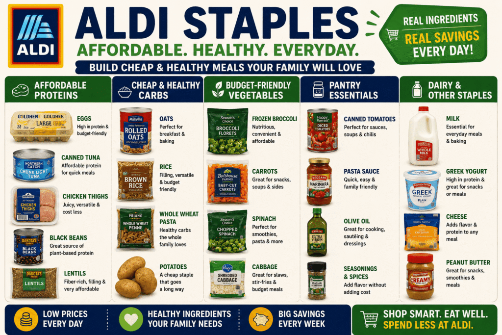 Aldi staples infographic showing affordable healthy groceries like oats, rice, eggs, chicken, beans, frozen vegetables, yogurt, and pantry basics for cheap family meals.