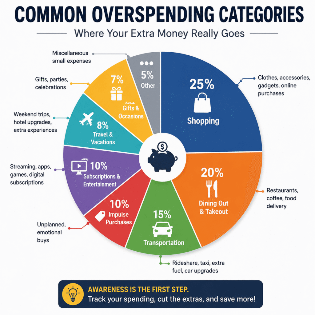 Pie chart infographic showing common overspending categories, including shopping, dining out, transportation, impulse purchases, subscriptions, travel, gifts, and miscellaneous expenses.