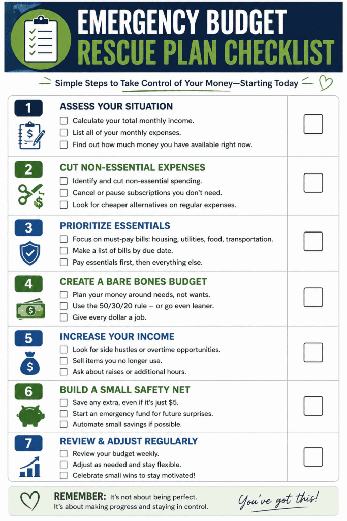 Printable emergency budget rescue plan checklist with step-by-step tasks for tracking expenses, cutting costs, prioritizing bills, creating a bare bones budget, increasing income, building savings, and reviewing finances.