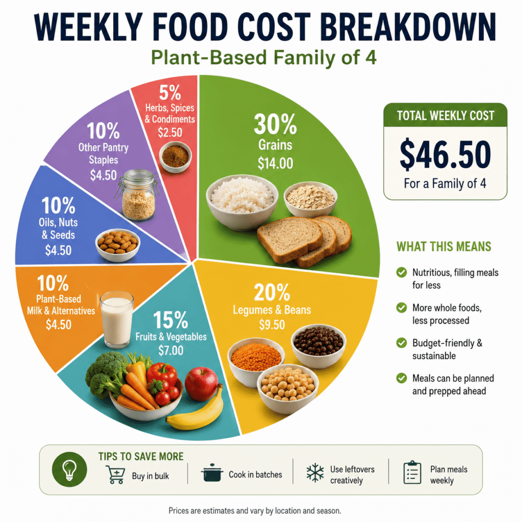 Pie chart showing a weekly food cost breakdown for cheap plant-based meals for families, including categories like grains, beans, vegetables, fruit, pantry staples, and snacks to highlight budget-friendly grocery spending.