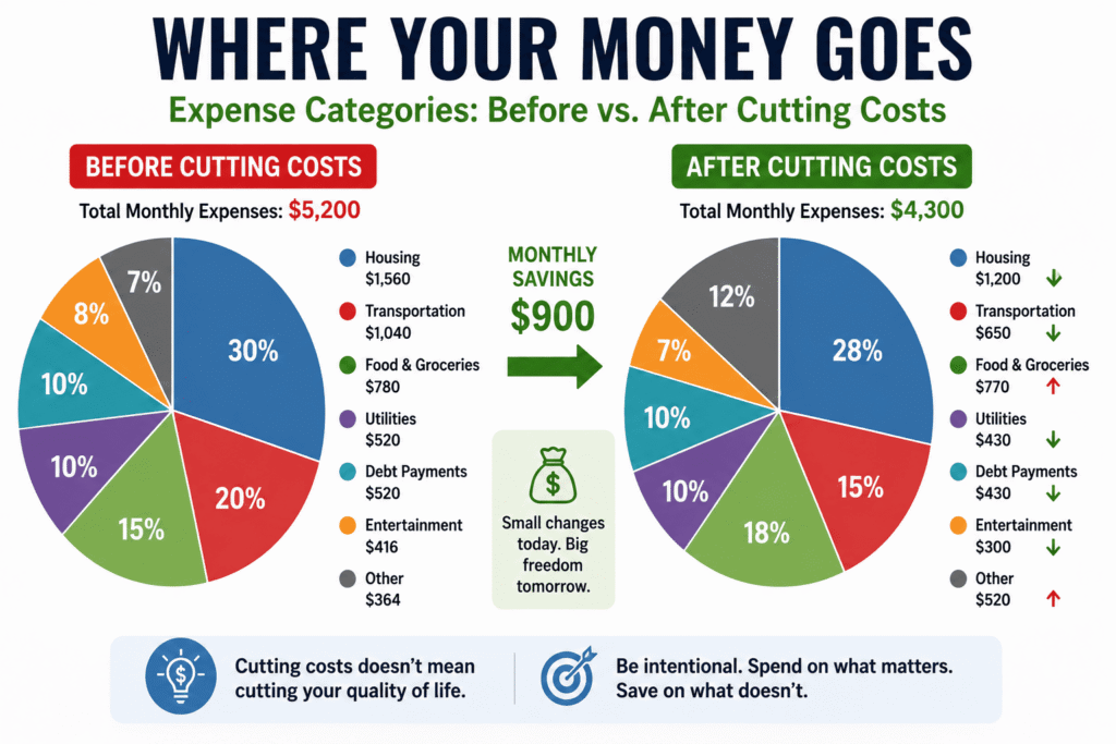 Before-and-after pie chart comparing household expense categories after cutting costs, showing changes in housing, transportation, groceries, utilities, debt payments, entertainment, and overall monthly spending.
