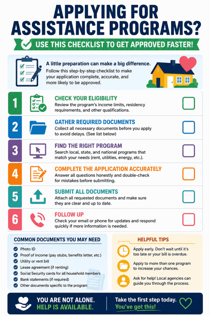Colorful infographic checklist showing six essential steps for applying to bill assistance programs, including checking eligibility, gathering documents, finding programs, completing applications, submitting paperwork, and following up.