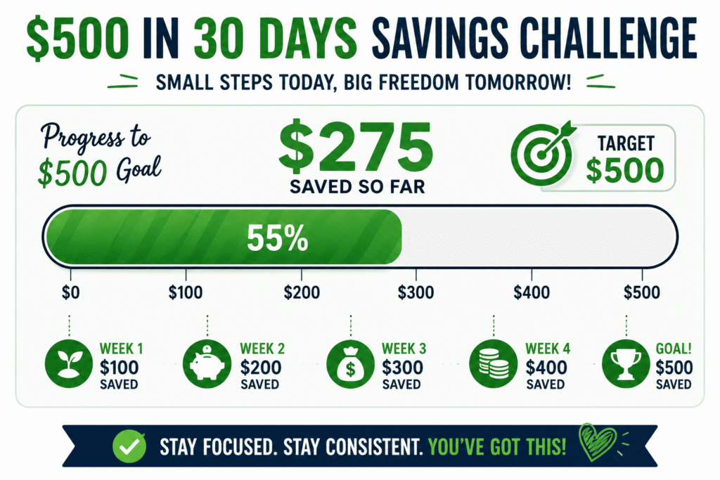 Savings progress bar graphic tracking a $500 in 30 Days Savings Challenge with percentage complete, weekly milestones, and a visual goal tracker.