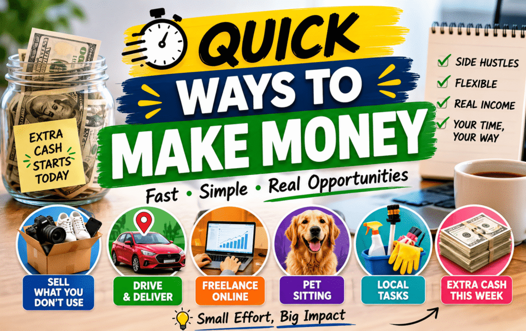 Infographic showing quick ways to make money this week, including selling items, delivery driving, freelancing, tutoring, pet sitting, surveys, flipping items, renting out assets, and creating digital products.