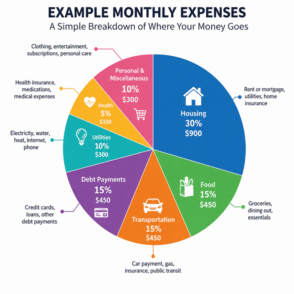 Pie chart showing a simple monthly expense breakdown with housing, food, transportation, debt payments, utilities, health costs, and personal expenses. Visual budget guide for families trying to manage money and reduce spending.