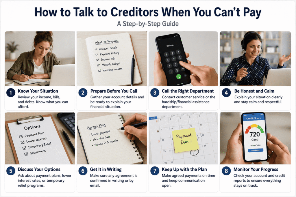 Step-by-step photo grid showing how to talk to creditors when you can’t pay, including reviewing debts, preparing a budget, calling a creditor, discussing payment options, negotiating terms, and receiving a payment agreement.