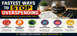 Infographic showing the fastest ways to stop overspending with simple money habits, including tracking expenses, cutting unnecessary spending, budgeting, avoiding impulse buying, saving consistently, and reviewing finances weekly.