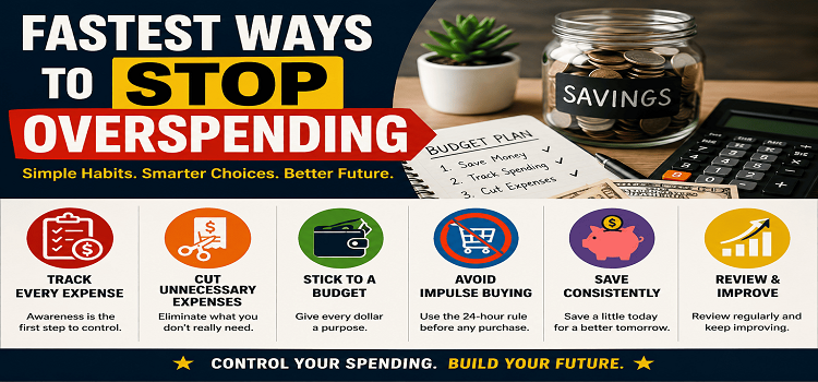 Infographic showing the fastest ways to stop overspending with simple money habits, including tracking expenses, cutting unnecessary spending, budgeting, avoiding impulse buying, saving consistently, and reviewing finances weekly.