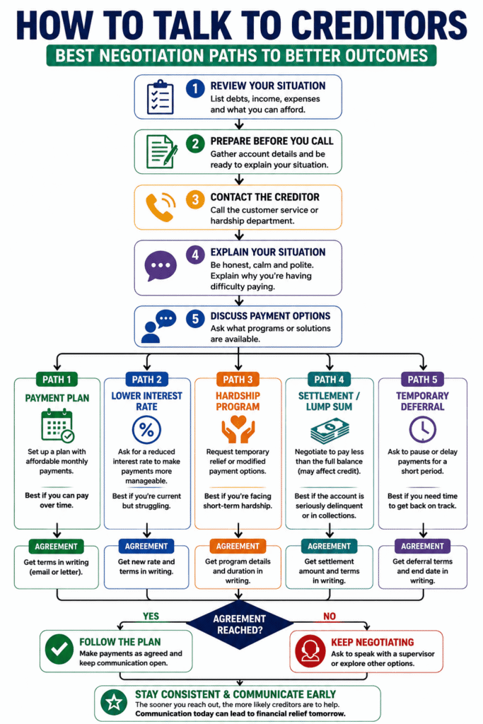 Flowchart showing the best negotiation paths when talking to creditors, including payment plans, lower interest rates, hardship programs, debt settlements, and temporary payment deferrals, with step-by-step decisions from initial contact to reaching an agreement.