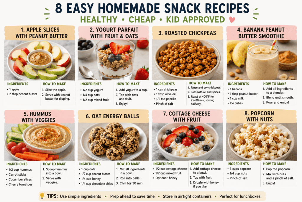 Homemade healthy snack recipes for kids including oat energy balls, yogurt parfaits, peanut butter apple slices, smoothies, roasted chickpeas, and popcorn with nuts arranged in a bright kitchen setting.