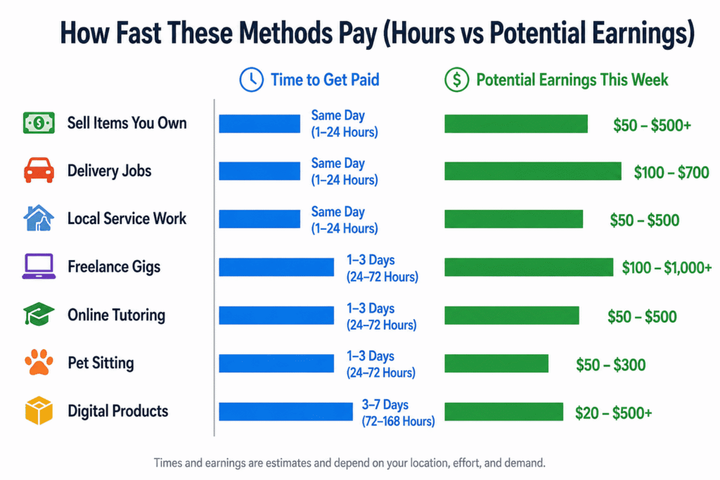 Bar chart comparing quick ways to make money this week, showing how fast methods like selling items, delivery jobs, freelance work, tutoring, pet sitting, and digital products pay, alongside potential weekly earnings.