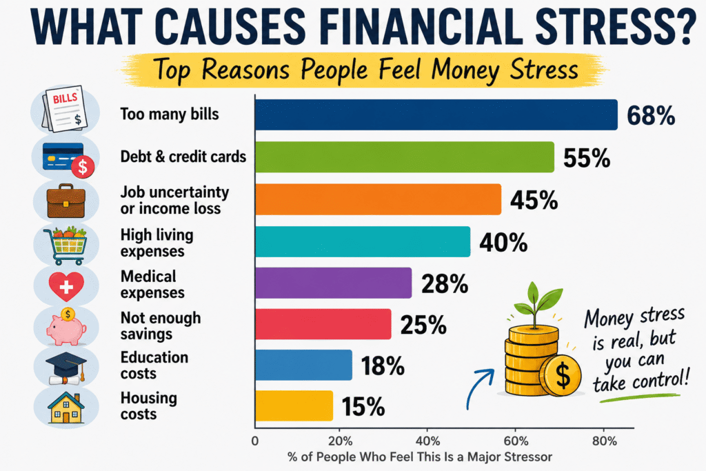 Bar chart infographic showing the most common causes of financial stress, including monthly bills, debt, job uncertainty, lack of savings, unexpected expenses, housing costs, and rising living expenses.