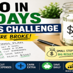 $500 in 30 Days Savings Challenge graphic showing a savings jar, budget checklist, calculator, 30-day tracker, and simple money-saving icons for a step-by-step savings plan.