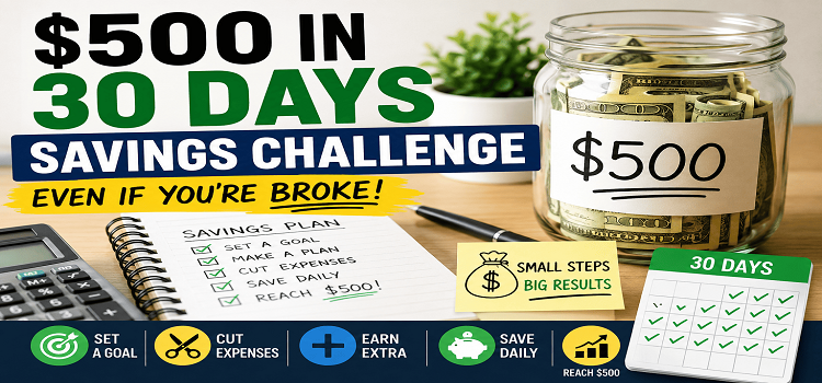 $500 in 30 Days Savings Challenge graphic showing a savings jar, budget checklist, calculator, 30-day tracker, and simple money-saving icons for a step-by-step savings plan.