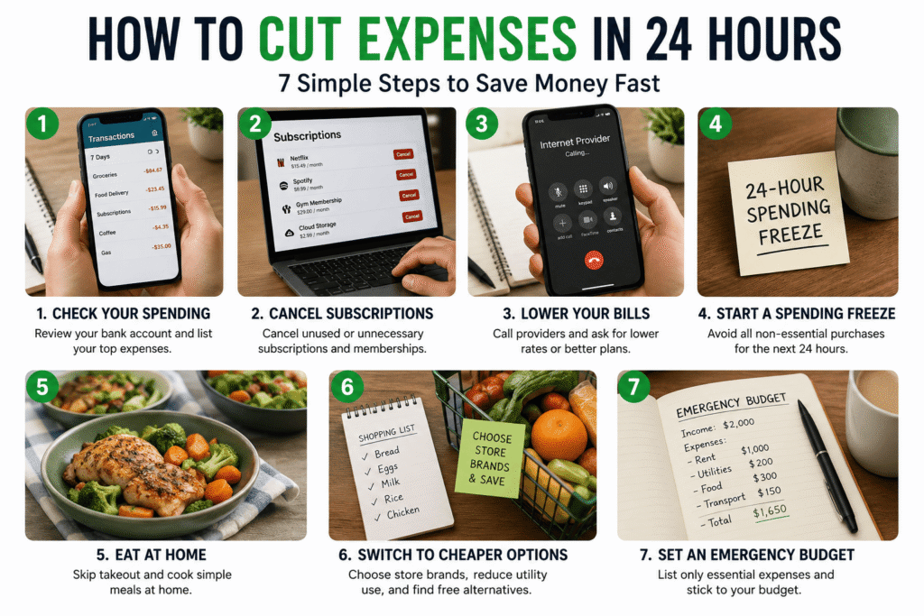Step-by-step photo grid showing seven practical ways to cut expenses in 24 hours, including reviewing spending, canceling subscriptions, lowering bills, starting a spending freeze, cooking at home, choosing cheaper options, and creating an emergency budget.