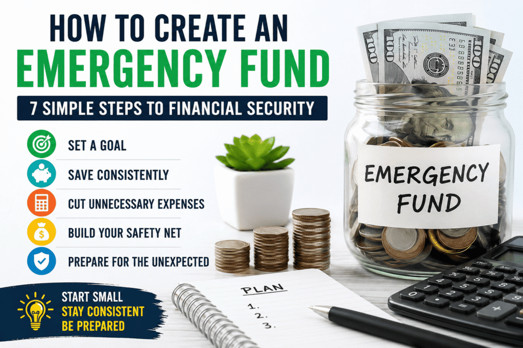 Photo collage showing simple steps to create an emergency fund, including savings goals, budgeting, cutting expenses, and building a financial safety net for families.