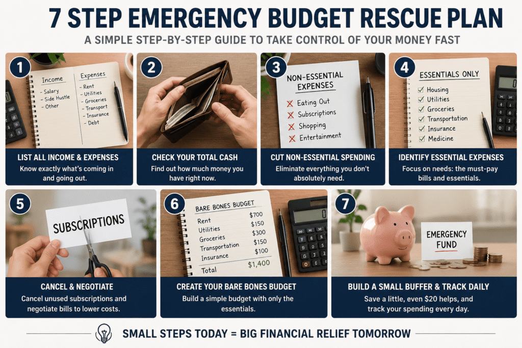 Step-by-step photo grid showing the emergency budget rescue plan process, including tracking expenses, cutting non-essential spending, prioritizing bills, reducing costs, increasing income, creating a bare bones budget, and rebuilding savings.