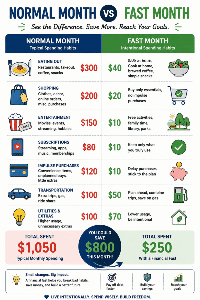 Infographic comparing normal month spending versus fast month spending across categories including dining out, shopping, entertainment, subscriptions, impulse purchases, transportation, and utilities, showing potential monthly savings from a financial fast.