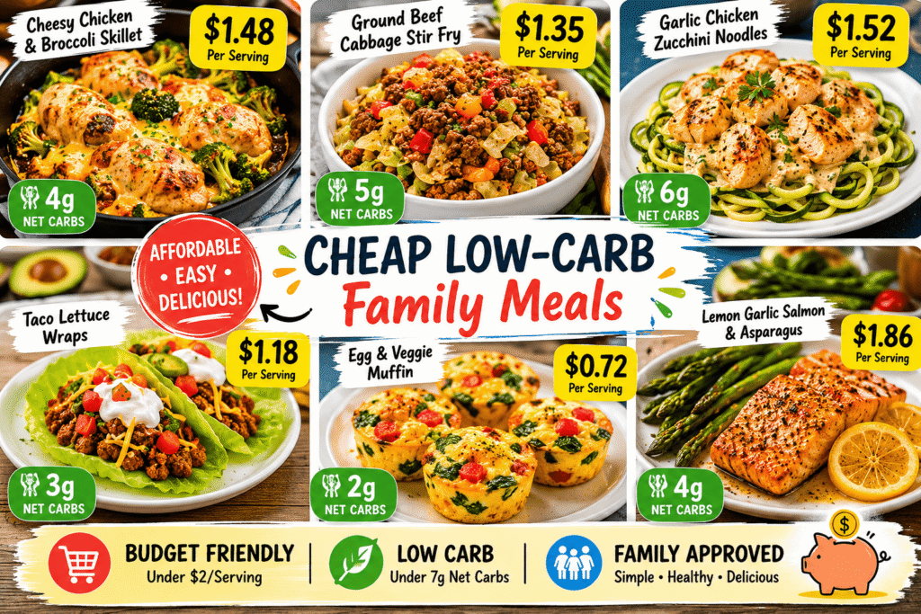 Photo collage of cheap low-carb family meals with recipe ideas, cost per serving, and carb counts for easy budget-friendly dinners