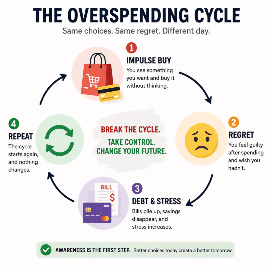 Infographic illustrating the overspending cycle with four stages: impulse buy, regret, debt and stress, and repeat, showing how spending habits lead to financial problems and how to break the cycle.