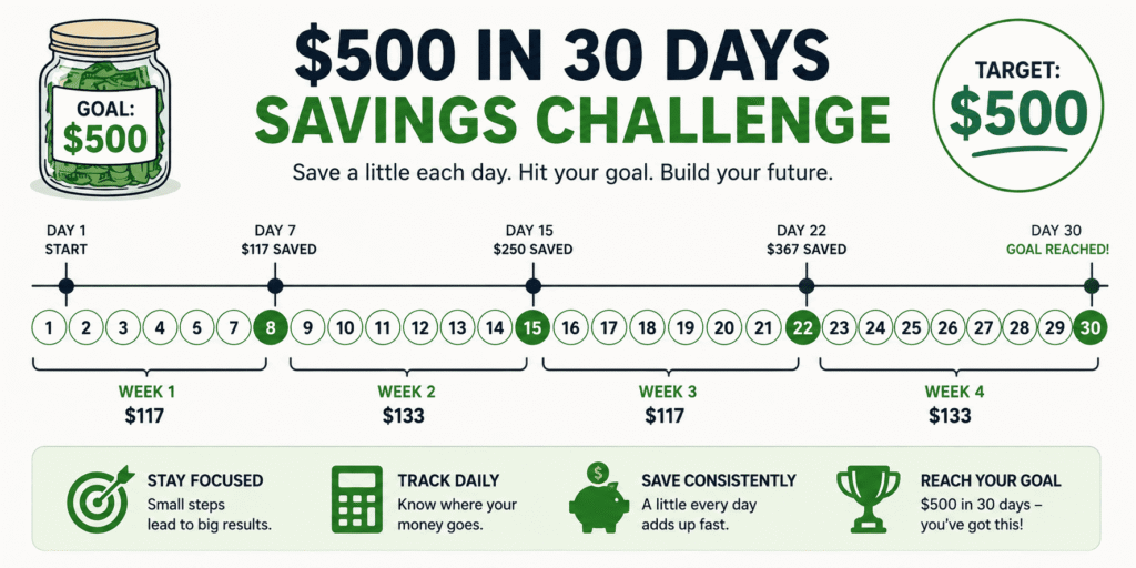 30-day savings challenge timeline showing daily progress from Day 1 to Day 30 with milestones leading to a $500 savings goal, weekly targets, and simple money-saving icons.